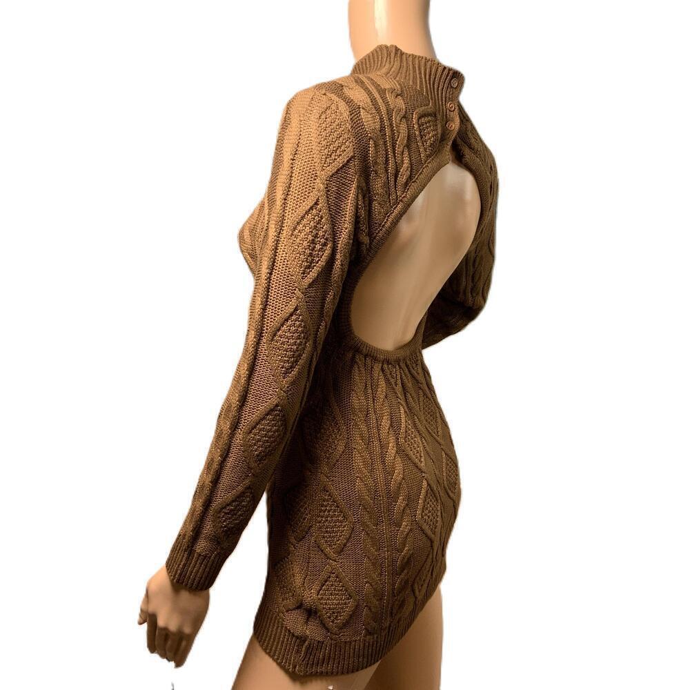 SHEIN Brown Long Sleeve Mock neck Cable Knit Backless Sweater Dress Sz XS Baddie - Picture 10 of 14